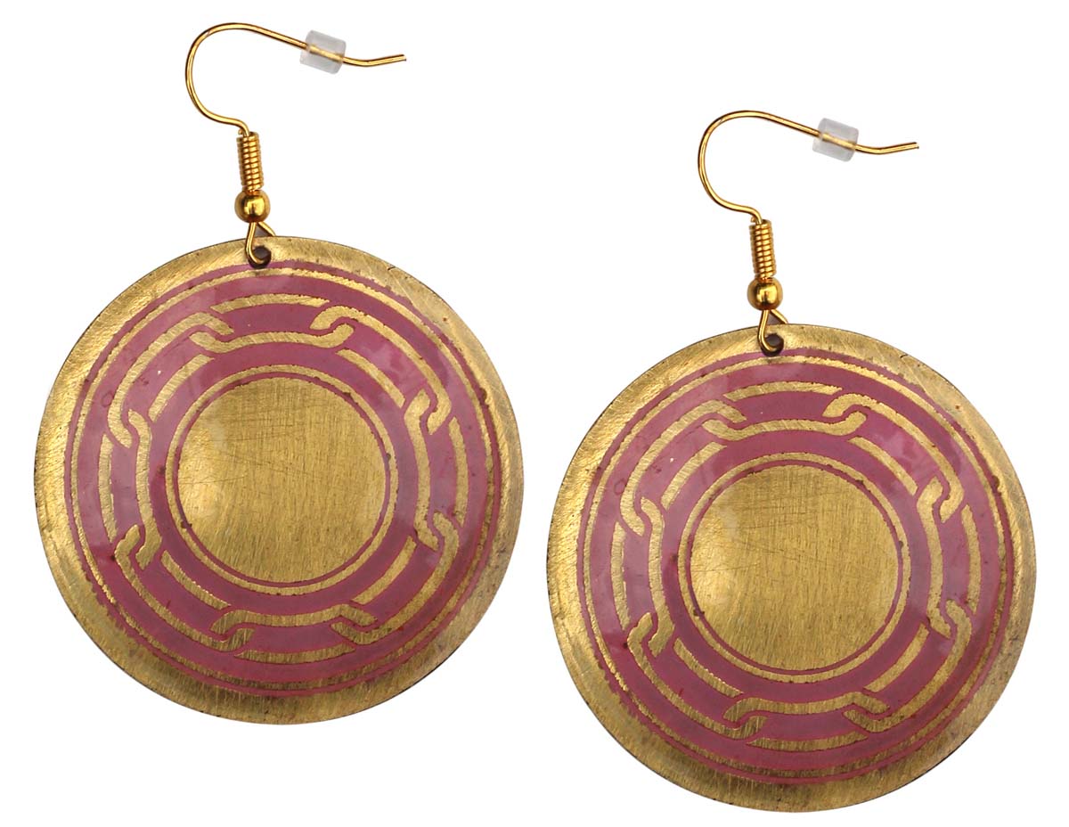 2.5” Pair of Round Hook Earrings in Brass - Ethnic Golden Pink Pattern - Drop Earrings / Women Fashion Jewelry - Buy in Bulk Wholesale